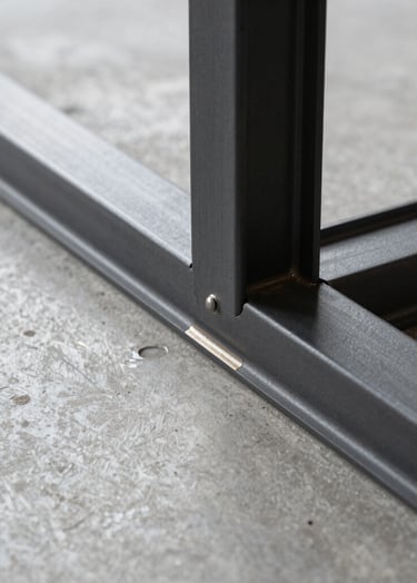 Close-up architectural photography of a slim black steel frame meeting a polished concrete floor. The lighting is soft and natural, emphasizing the clean, precise weld points and the texture of the muted slate gray metal.