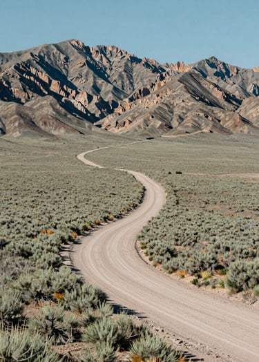 A high-angle landscape photograph of the arid plains in Northeast Nevada. The composition features a lone dirt road winding through sagebrush toward distant, jagged hills. The lighting is the crisp, clear sun of midday, emphasizing the vastness and rugged elegance of the region. Colors include muted sage green and light sand tan. North American / US - Northeast Nevada.