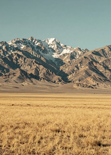 Wide-angle landscape photography of the Ruby Mountains in Northeast Nevada. Expansive golden plains lead to rugged snow-capped peaks under a clear sky. High-quality clarity using sand beige and muted green.