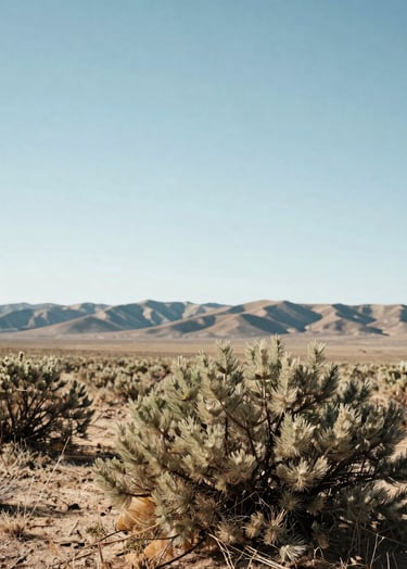 A vertical portrait of the high desert landscape. In the foreground, a cluster of sagebrush is sharply detailed against a background of rolling hills and a vast, empty sky. The lighting is bright and airy, reflecting a sense of peace and professional quality. North American / US - Northeast Nevada.