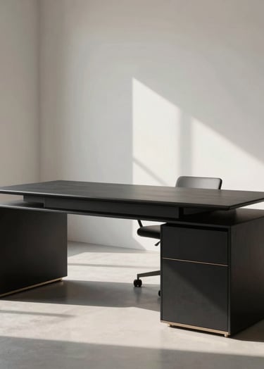 A high-end, minimalist studio interior in a North American city, featuring a charcoal black desk, sleek metallic accents, and soft, natural morning light casting sharp shadows on off-white walls.