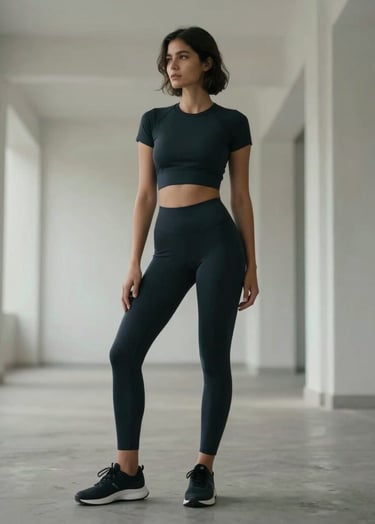 A high-fashion inspired portrait of a person in minimalist dark athletic wear standing in a white architectural space, North American / US context, soft cinematic lighting, elegant pose.