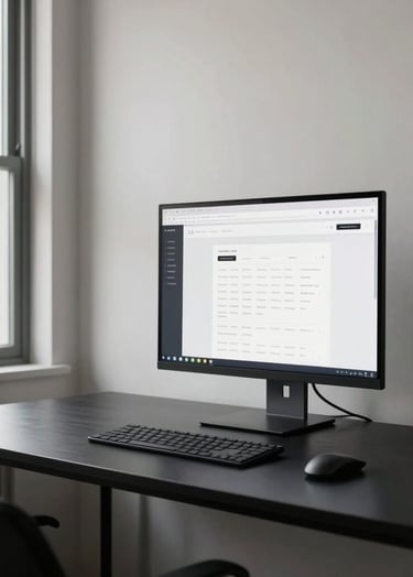 A high-end, minimalist creative studio workspace in Los Angeles. A sleek black desk holds a single thin monitor displaying a clean web interface. The lighting is soft and natural, coming from a large window. The walls are a pale off-white, creating a professional and sophisticated North American aesthetic.