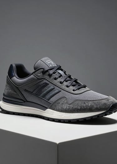 A high-fashion studio shot of a sleek sneaker on a white platform, dramatic lighting creating sharp contrast, professional and aspirational mood with a cool grey background.