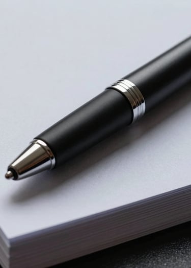 A macro photography shot of a premium, matte black designer pen laying on a stack of high-quality light grey papers, showcasing refined textures and professional elegance.