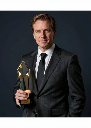 A high-end, sophisticated portrait of Frank Artus in a dark charcoal suit, standing with artistic gravitas. The lighting is dramatic and moody, with gold highlights (#A88B57) reflecting off a glass award in his hand. Background is a deep, elegant #1A1C20.