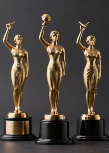 A clean, studio shot of three different film awards grouped together on a dark surface (#1A1C20). The lighting is soft and elegant, highlighting the metallic textures of #A88B57 and #D4C1A5.