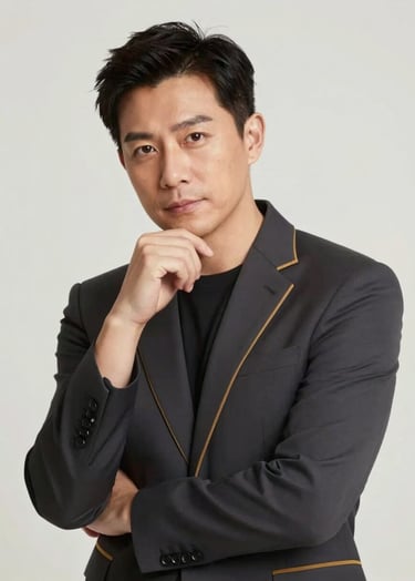 A portrait of Frank Artus in a thoughtful pose, wearing a dark blazer (#1A1C20) with gold trim (#A88B57). The background is a neutral off-white (#F8F8F8), creating a clean and professional aesthetic.