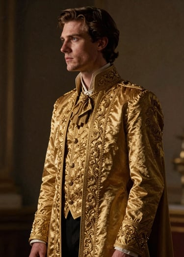 A high-fashion cinematic still of Frank Artus in a royal costume featuring deep gold embroidery. He is standing against a dark, textured background. The lighting is dramatic, highlighting his profile and the #A88B57 tones in the fabric. Professional film grain style.