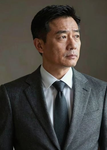 An authoritative portrait of Frank Artus in a refined #1A1C20 suit, looking thoughtfully into the distance. Artistic lighting with high contrast and sophisticated gravitas.