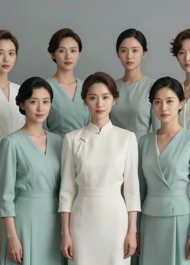 A group portrait of the film cast in full costume, arranged in an elegant, symmetrical composition. The clothing incorporates #D4C1A5 and #F8F8F8 fabrics. The mood is serious and dignified.