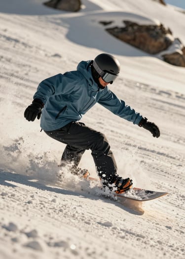 An action shot of a snowboarder carving through cream-colored powder, wearing a muted steel blue jacket, high-speed photography with visible snow spray, charcoal slate shadows.