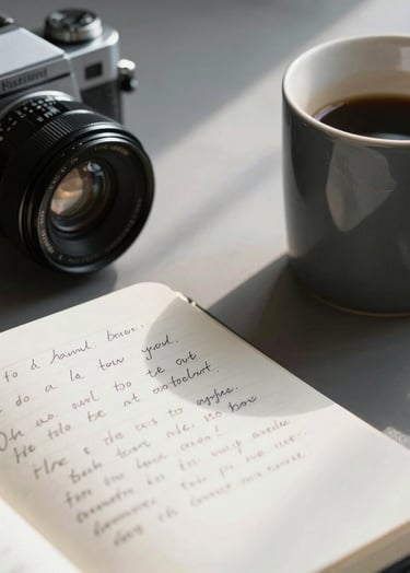 A close-up, slightly high-angle shot of a cluttered creative desk. A vintage camera lens, a half-empty mug in dark slate grey, and a handwritten notebook on soft off-white paper. Natural sunlight streaks across the surface, casting soft shadows.