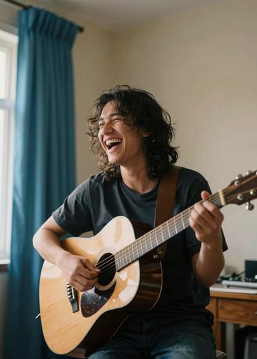 A candid, slightly grainy photograph of a person laughing while holding an acoustic guitar in a sun-drenched room with beige walls and steel blue curtains. The lighting is warm and natural, capturing an authentic, unposed moment.