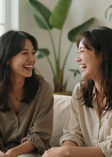 A warm, candid photograph of two people laughing during a conversation in a room filled with plants. Soft natural light. The people are wearing earthy taupe and soft beige clothing. The mood is relaxed and authentic.