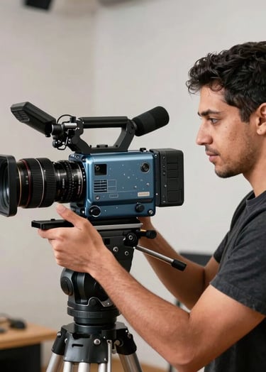 A professional audiovisual creator in a modern Latin American / Hispanic studio setting, holding a sleek cinema camera, soft natural lighting highlighting Steel Blue and Soft Off-White equipment accents.