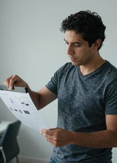 A professional portrait of a filmmaker analyzing a storyboard in a bright, minimalist Latin American / Hispanic office space, with cloud grey and soft blue-grey lighting.