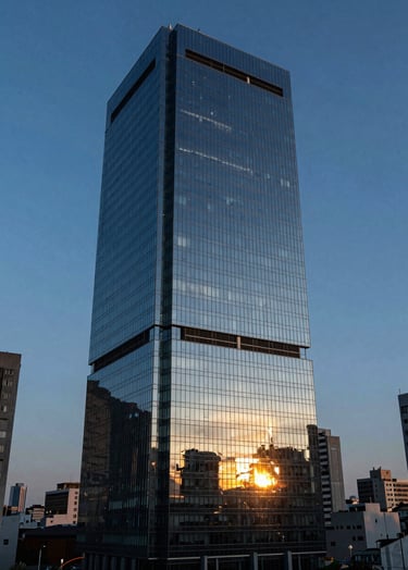A high-end cinematic shot of a modern glass skyscraper reflecting a vibrant sunset in a Latin American / Hispanic city, shot with professional lighting, dominated by deep slate blue and steel blue tones, sophisticated and sharp composition.