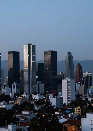 A cinematic landscape shot of a modern Latin American / Hispanic city skyline at blue hour, featuring soft blue-grey and dark charcoal blue tones, captured with a professional wide-angle lens.