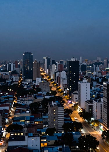 A wide-angle urban landscape of a Latin American / Hispanic capital city during the blue hour, street lights starting to glow, misty blue and dark charcoal atmosphere, high resolution.