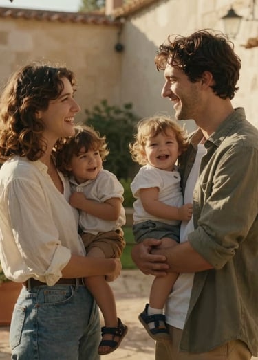 Cinematic outdoor portrait of a young family laughing together in a sun-drenched European Portuguese garden. The lighting is warm and golden, casting soft shadows. The setting features terracotta pots and sand-colored stone walls. Authentic, spontaneous interaction, professional lifestyle photography.