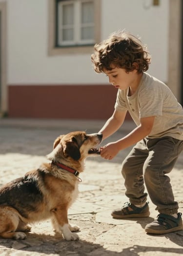 Candid photograph of a young child playing with a pet in a sunlit courtyard in Portugal. The interaction is completely natural and spontaneous, with warm cinematic lighting and a focus on genuine emotion.