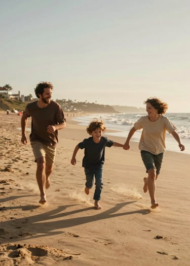 Spontaneous cinematic photography of a family laughing and running along a sandy Portuguese beach during golden hour. The lighting is warm and sun-drenched, with soft sand and terracotta tones. The composition is dynamic and authentic, showing real joy.