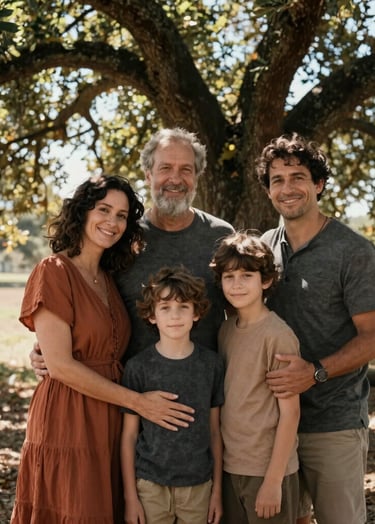 A cinematic lifestyle portrait of a family embracing under a large oak tree in Portugal. Soft sunbeams filtering through leaves. Earthy tones like terracotta and charcoal in their attire. Warm and friendly atmosphere.