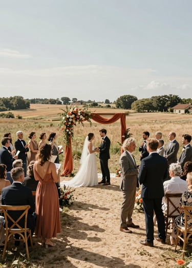 A wide cinematic shot of a wedding ceremony in a sun-drenched field. Guests are interacting naturally, warm terracotta accents in the decor, soft sand-colored ground, European summer vibes.