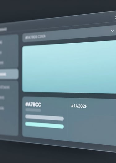 A close-up technical shot of a futuristic user interface design for a game menu, featuring clean lines and semi-transparent panels in #A7BCCB and #E0E8F0 over a dark #1A202C background. Modern, minimalist, and professional aesthetic.