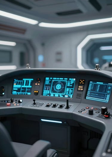 First-person perspective of a futuristic starship cockpit, sleek metallic surfaces, intricate control panels with #A7BCCB glowing displays, professional composition, sophisticated and modern feel.