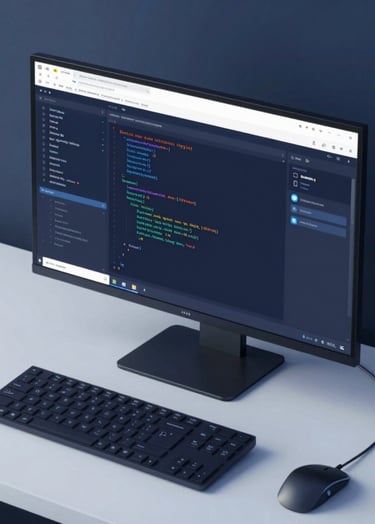 Top-down view of a minimalist developer workspace with a single monitor displaying clean code and a sophisticated 3D engine interface. Lighting is focused, professional. Brand palette #3F516B and #E0E8F0.