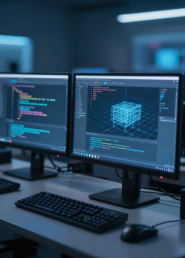 A high-tech game development workspace with multiple monitors displaying lines of code and a 3D wireframe, lit by a soft blue glow (#3F516B), modern and professional.