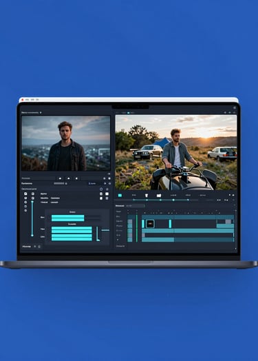 A sophisticated split-screen style image showing a 4K video editing interface on one side and the cinematic drone footage being edited on the other. The interface glows in #A0B0C0 against a #1B263B background.