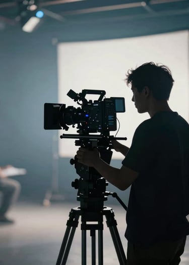 A professional film set interior, silhouette of a camera operator behind a high-end rig, backlight creating a rim light effect, sophisticated atmosphere with shades of #415A77 and #E0E1DD, cinematic bokeh.