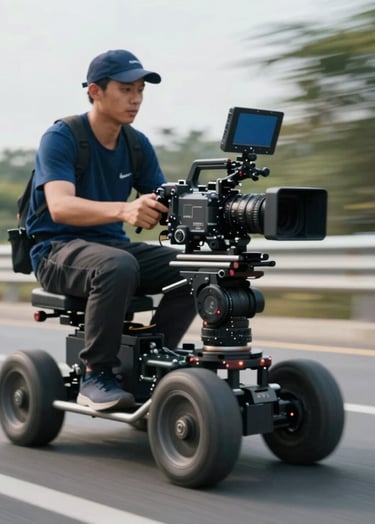 Behind-the-scenes shot of a professional camera operator on a high-speed tracking vehicle. The scene is dynamic with a shallow depth of field, using colors from the brand palette #1B263B and #E0E1DD. Sophisticated and high-energy.