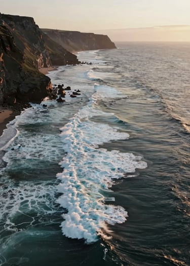 Wide-angle drone shot of a rugged coastline with waves crashing against dark cliffs. Golden hour lighting casting a warm glow, with #415A77 tones in the ocean water and sharp #E0E1DD foam crests. Cinematic 4K aesthetic.