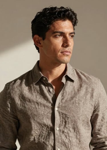 A sophisticated portrait of a Latinoamericano / Hispano person in a modern minimalist studio, soft morning light hitting from the side, wearing a taupe linen shirt, neutral beige background, high-end editorial photography style.
