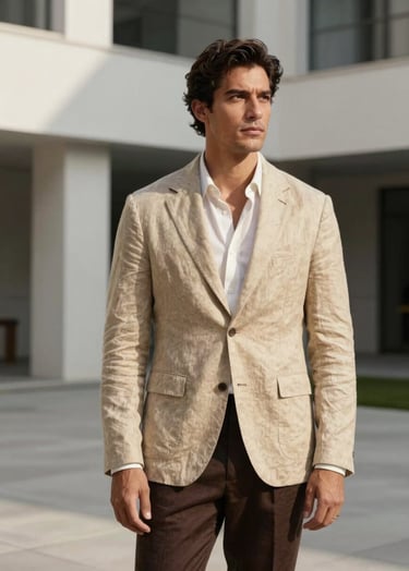 A sophisticated Latinoamericano / Hispano man standing in a modern metropolitan courtyard, wearing a sand colored linen blazer and dark brown trousers. The background shows minimalist architecture with clean lines and soft shadows. High-end fashion photography style with soft morning light.