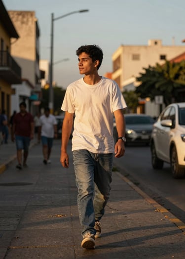 Fotografía de estilo de vida capturando a una persona caminando con confianza por una avenida principal de una ciudad latinoamericana, luz dorada de atardecer, profundidad de campo cinematográfica.