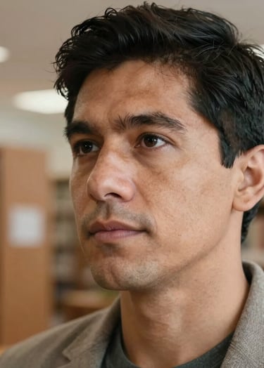 Close-up portrait of a Latinoamericano / Hispano person looking thoughtfully into the distance. Sharp focus on the face, with a soft bokeh background of a modern library. Soft, diffused lighting in taupe and off-white tones.