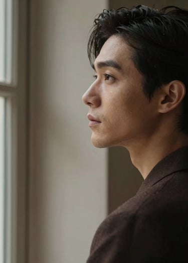 Profile shot of a person looking thoughtfully out a window, soft natural lighting, elegant and aspirational mood, palette of dark brown and beige.