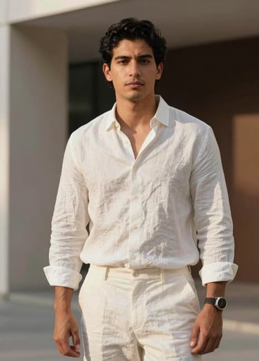 A sophisticated portrait of a young professional in a modern urban setting in Latinoamericano. The subject wears eggshell white linen clothes, standing against a clean architectural backdrop with soft afternoon lighting and deep espresso brown accents.