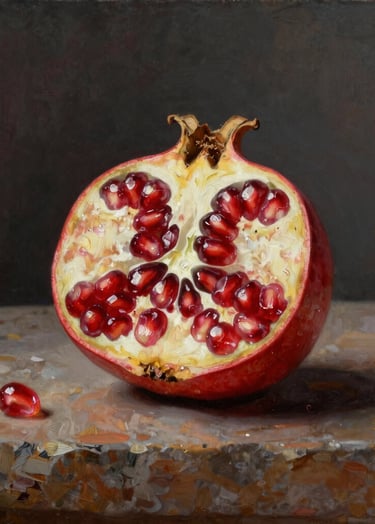 A sophisticated oil painting of a single halved pomegranate on a warm stone-colored stone ledge. The background is a deep charcoal. Lighting is high-contrast, mimicking a professional gallery spotlight, highlighting the rich textures of the fruit.