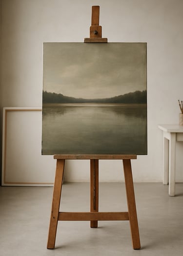 A landscape painting on an easel in a minimalist artist's studio. The artwork shows a quiet lake reflecting a muted olive-grey sky with hints of warm taupe in the water. Professional photography with soft, natural lighting.