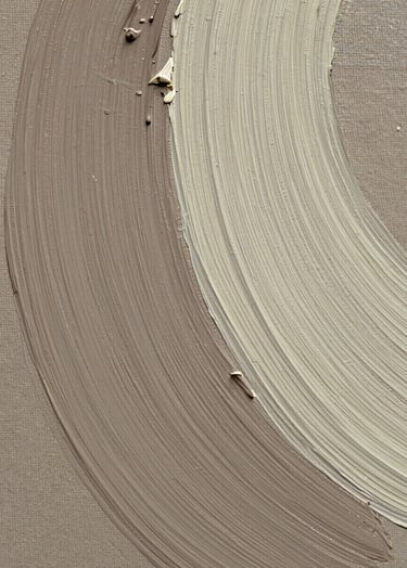 A close-up, high-detail macro photograph of an oil painting's surface. The brushstrokes are thick and visible, showing muted taupe and off-white pigment. The lighting is soft and directional, highlighting the texture of the linen canvas underneath. The aesthetic is sophisticated and artistic.