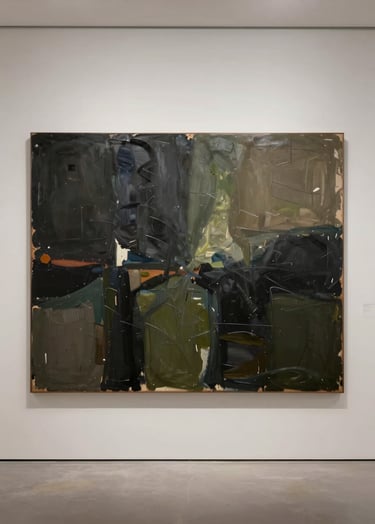A large-scale abstract painting displayed on a soft off-white wall in a minimalist, high-end gallery space. The artwork features sweeping gestures in deep charcoal and olive charcoal, with subtle underlying layers of muted taupe. The lighting is soft and professional, highlighting the rich textures of the oil paint.