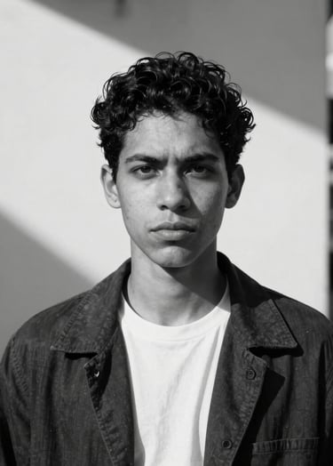 Artistic black and white portrait of a person in a South American / Brazilian urban setting. High contrast, sharp shadows from nearby architectural structures, minimalist composition focusing on an intense gaze and modern attire.