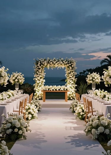 Cinematic wide shot of an elegant outdoor celebration in Brazil. Minimalist decor with white flowers and sophisticated lighting under a dusk sky. Professional atmosphere, emphasizing visual impact and emotional narrative.