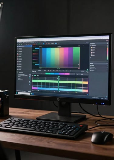 Behind the scenes of a corporate video shoot with a high-end monitor showing color grading. Dark studio environment, sleek technology, professional equipment, Brazilian production context.